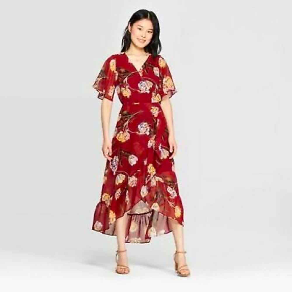 Burgundy Maroon Floral Faux Wrap Maxi Dress